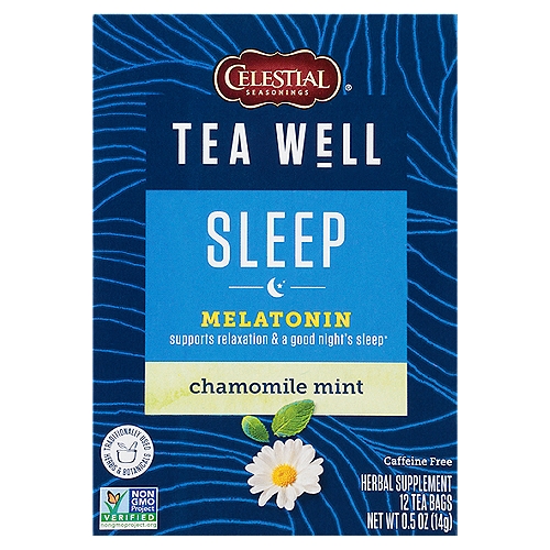 Celestial Seasonings® TeaWell Sleep Chamomile Mint Caffeine Free Herbal Supplement Tea Bags 12 ct
Melatonin supports relaxation & a good night's sleep*

Wellness doesn't stop when the sun goes down. With a blend of ingredients including melatonin to support relaxation, this tea is perfect for getting a good night's sleep.*

A Relaxing Combination
Together, these ingredients help support relaxation and unwinding.*

Melatonin
Known to support a good night's sleep, melatonin is the perfect sleep supplement.*

Chamomile
An herb traditionally known to have calming effects.*
*These statements have not been evaluated by the Food & Drug Administration. This product is not intended to diagnose, treat, cure or prevent any disease.

Chamomile Mint
Relaxing and subtly refreshing, these flavors combine for a soothing taste.