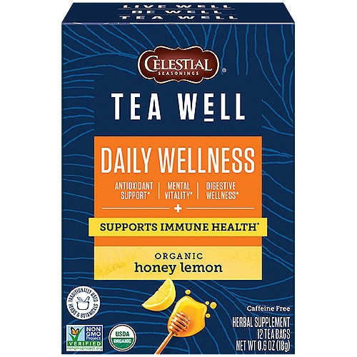 Celestial Seasonings Tea Well Daily Wellness Organic Honey Lemon Herbal Supplement, 12 count, 0.6 oz
Soothing honey meets a twist of lemon with moringa and our Daily Wellness Core, a foundational blend of traditionally used herbs and botanicals, for all-in-one wellbeing.

Antioxidant Support* | green rooibos
Prized across generations in South Africa for its powerful polyphenol antioxidant properties.*

Mental Vitality* | panax ginseng
Used for centuries in Asia to help revitalize the mind and ward off fatigue.*

Digestive Wellness* | dandelion root
Celebrated in traditional European herbalism as a digestive stimulant.*

Immune Support* | elderberry
Cultivated around the world since ancient times to support a strong immune system.*
*These statements have not been evaluated by the Food & Drug Administration. This product is not intended to diagnose, treat, cure or prevent any disease.