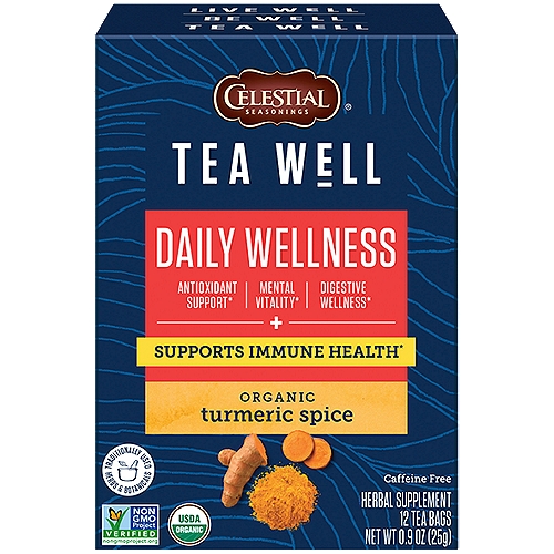 Celestial Seasonings Tea Well Organic Turmeric Spice Herbal Supplement, 12 count, 0.9 oz
Daily Wellness Organic Turmeric Spice Herbal Supplement

A revitalizing twist of turmeric and spices melds with moringa and our Daily Wellness Core, a foundational blend of traditionally used herbs and botanicals, for all-in-one wellbeing.

Antioxidant Support* | green rooibos
Prized across generations in South Africa for its powerful polyphenol antioxidant properties.*

Mental Vitality* | panax ginseng
Used for centuries in Asia to help revitalize the mind and ward off fatigue.*

Digestive Wellness* | dandelion root
Celebrated in traditional European herbalism as a digestive stimulant.*

Immune Support* | elderberry
Cultivated around the world since ancient times to support a strong immune system.*
*These statements have not been evaluated by the Food & Drug Administration. This product is not intended to diagnose, treat, cure or prevent any disease.