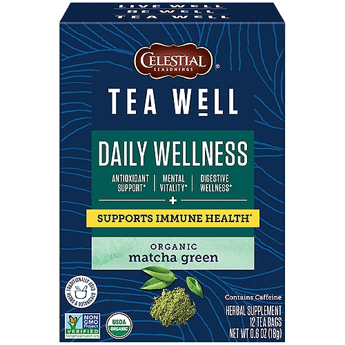 Celestial Seasonings Tea Well Organic Matcha Green Herbal Supplement, 12 count, 0.6 oz
Daily Wellness Organic Matcha Green Herbal Supplement

Invigorating matcha and smooth sencha green tea pair with moringa and our Daily Wellness Core, a foundational blend of traditionally used herbs and botanicals, for all-in-one wellbeing.

Antioxidant Support* | green rooibos
Prized across generations in South Africa for its powerful polyphenol antioxidant properties.*

Mental Vitality* | panax ginseng
Used for centuries in Asia to help revitalize the mind and ward off fatigue.*

Digestive Wellness* | dandelion root
Celebrated in traditional European herbalism as a digestive stimulant.*

Immune Support* | elderberry
Cultivated around the world since ancient times to support a strong immune system.*
*These statements have not been evaluated by the Food & Drug Administration. This product is not intended to diagnose, treat, cure or prevent any disease.