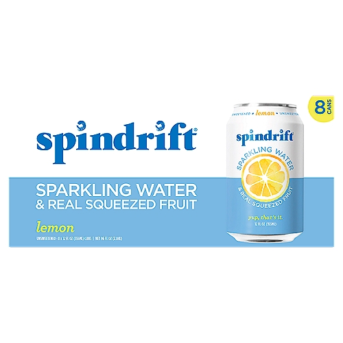 12 fl oz each. Spindrift Sparkling Lemon Seltzer is made with sparkling water with fresh squeezed lemon juice in every can.Thirst quenching, raw, real-and delicious. No added sugar,0 calories per can