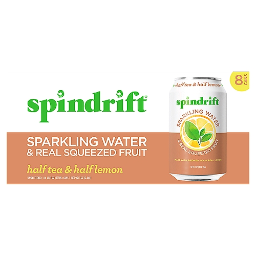 Spindrift Unsweetened Half Tea & Half Lemon Sparkling Water & Real Squeezed Fruit, 12 fl oz, 8 count