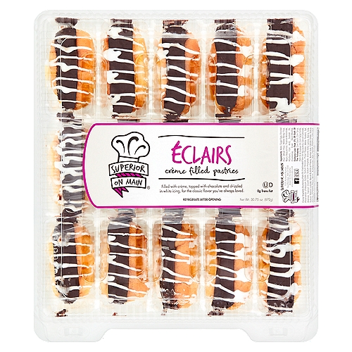 Superior on Main Créme Filled Pastries Eclairs, 30.75 oz
Filled with créme, topped with chocolate and drizzled in white icing, for the classic flavor you've always loved.