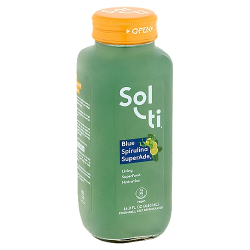 Sol-ti Blue Spirulina SuperAde, 14.9 fl oz
Blue Spirulina
Known to improve memory function, rich in protein, vitamin B, anti-oxidant

Lemon
Alkalizing, cleansing, purifying

Maple Syrup
Energizing, calcium, iron, potassium & trace minerals