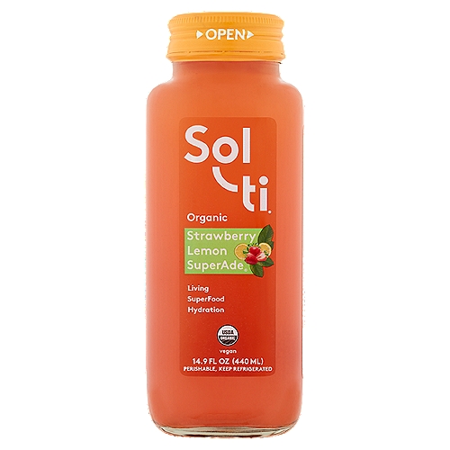 Sol-ti Organic Strawberry Lemon SuperAde, 14.9 fl oz
Strawberry
Anti-oxidant, rich in vitamin C, contains polyphenols

Goji Berry
Promotes healthy skin, immunity booster, calming

Lemon
Alkalizing, cleansing, purifying

Maple Syrup
Energizing, calcium, iron, potassium & trace minerals