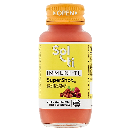 Sol-ti Immuni-Ti SuperShot Organic Camu Camu Raspberry Herbal Supplement, 2.1 fl oz
Let Yourself Shine®
We each have an inner light. At Sol-ti, we encourage you to shine your brightest with Living Beverages®.
Each SuperShot™ is an alchemy of potent and vitalizing ingredients with very real benefits for your well-being; beaming in biophotons and Charged with Light® for your energy, positivity and health.
Sol-ti's patented UV Light Filtered™ liquid manufacturing process‡ uses light rays to preserve our Liquid Vitality® - eliminating spoilers without harming the nutritional value - so you can enjoy glass bottled, Living Beverages® the way nature intended.

Immunity Champion**
**These statements have not been evaluated by the Food and Drug Administration. This product is not intended to diagnose, treat, cure or prevent any disease.