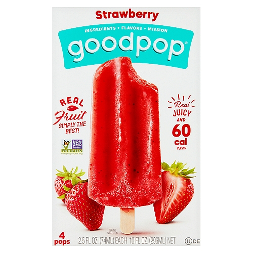 GoodPop Strawberry Pops, 2.5 fl oz, 4 count
The Good in GoodPop
A Classic Bursting with juicy blended strawberries and lots of 'em!
Vegan & dairy free
Gluten free
Kosher
Responsible fair trade ingredient sourcing

If it's a GoodPop, it'll never have... HFCs, GMOs, refined sugar or sugar alcohol sweeteners