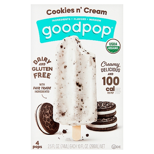 The Good in GoodPop
The Cleaned Up Classic®
An Indulgent Combination of 
Gluten free
Chocolate cookies
Coconut cream
All Organic! and Fair Trade Vanilla
USDA organic
Vegan & dairy free
Gluten free
Kosher
Responsible fair trade ingredient sourcing

If it's a GoodPop, it'll never have... HFCs, GMOs, refined sugar or sugar alcohol sweeteners