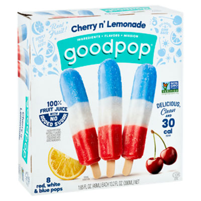 GoodPop No Added Sugar Cherry n' Lemonade Red, White & Blue Pops, 1.65 fl oz, 8 count