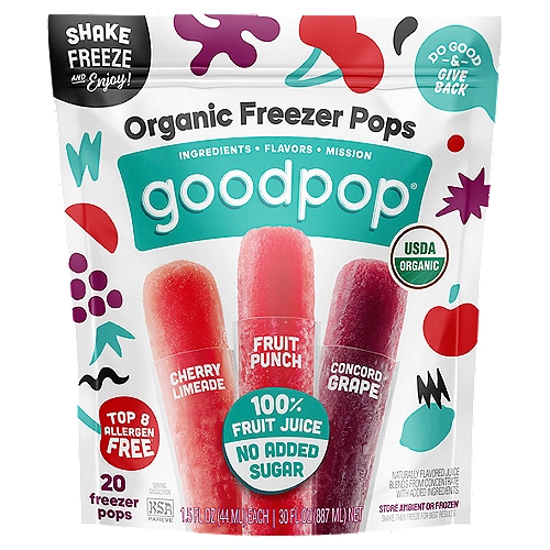 Organic Assorted Freezer Pops 20ct/30 fl oz
GoodPop's Organic Freezer Pops are blends of 100% fruit juices + fruit puree and come in 3 mouthwatering flavors that will satisfy kids and parents alike. It's a childhood favorite you can feel GOOD about! Just shake, freeze and enjoy!
