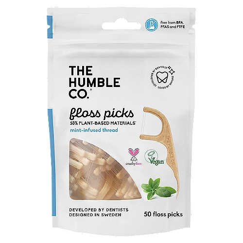 53% Plant-Based Materials*
*Our floss pick handles are made from 53% plant-based material and 47% polypropylene. The thread is made of polyethylene. Smooth, sturdy and shred resistant double- threaded floss with a flexible pick end.
