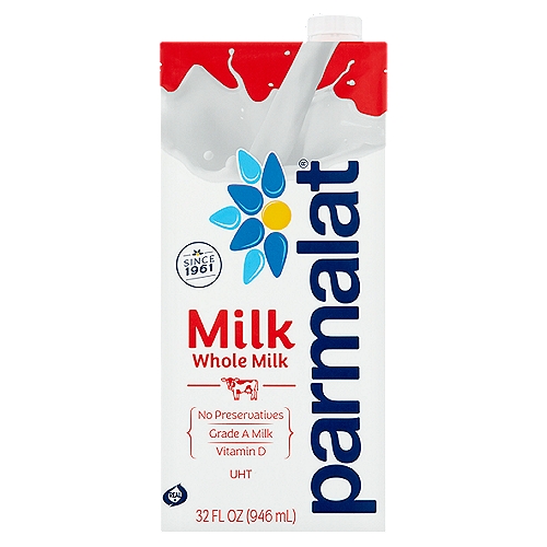 Parmalat Whole Milk, 32 fl oz 
Did You Know...?
• Parmalat milk doesn't need to be refrigerated until it's opened, so you can keep one in the pantry until opening.
• We heat our milk at an ultra high temperature (UHT) to keep it fresh longer.
• Tastes just like real milk, because it is real milk!

Our Promise
100% Real Milk
Enjoy the fresh taste of high quality grade A cow milk, with no preservatives.

A Nutritious Glass of Milk
Our milk is packed full of good things such as vitamins A and D, protein, and calcium.

Stays Fresh Longer!
Here at Parmalat, we heat our milk at higher temperatures than regular pasteurized milk.
This way, our milk stays fresh longer, and doesn't need to be refrigerated until opened.