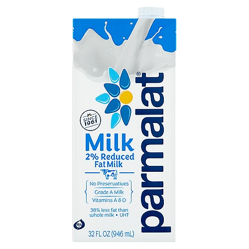 Parmalat 2% Reduced Fat Milk, 32 fl oz
Our Promise
100% Real Milk
Enjoy the fresh taste of high quality grade A cow milk, with no preservatives.

A Nutritious Glass of Milk
Our milk is packed full of good things such as vitamins A and D, protein, and calcium.

Stays Fresh Longer!
Here at Parmalat, we heat our milk at higher temperatures than regular pasteurized milk.
This way, our milk stays fresh longer, and doesn't need to be refrigerated until opened.

Did You Know...?
• Parmalat milk doesn't need to be refrigerated until it's opened, so you can keep one in the pantry.
• We heat our milk at an Ultra High Temperature (UHT) to keep it fresh longer.
• Tastes just like real milk, because it is real milk!