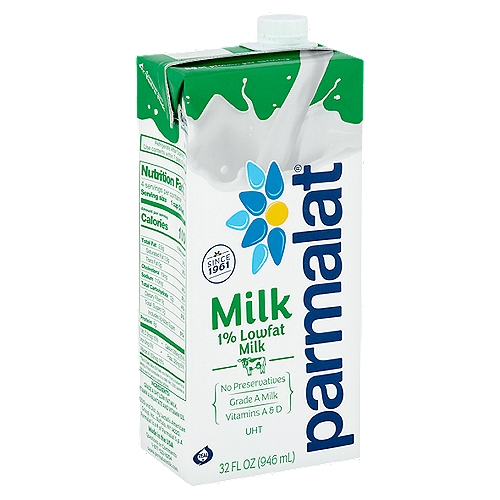 Parmalat 1% Lowfat Milk, 32 fl oz
100% Real Milk
Enjoy the fresh taste of high quality grade A cow milk, with no preservatives.

A Nutritious Glass of Milk
Our milk is packed full of good things such as vitamins A and D, protein, and calcium.

Stays Fresh Longer!
Here at Parmalat, we heat our milk at higher temperatures than regular pasteurized milk.
This way, our milk stays fresh longer, and doesn't need to be refrigerated until opened.

Did You Know...?
• Parmalat milk doesn't need to be refrigerated until it's opened, so you can keep one in the pantry.
• We heat our milk at an Ultra High Temperature (UHT) to keep it fresh longer.
• Tastes just like real milk, because it is real milk!