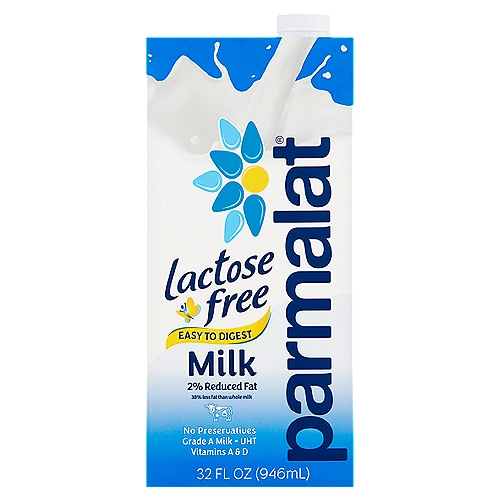 Parmalat 2% Reduced Fat Lactose Free Milk, 32 fl oz
Easy to Digest
We add a natural enzyme to our milk that breaks down the lactose, making Parmalat Lactose Free milk easy to digest.

Goodness of Dairy without Lactose
Parmalat uses high quality Grade A cow milk from local farms in the US, so you benefit from the same nutrients found in milk, just without the lactose.

Stays Fresh Longer
Packed in Tetra Pak cartons and heated at an Ultra High Temperature (UHT) for freshness with no preservatives, Parmalat milk tastes as fresh as the day it was made!

Milk for Everywhere, Every Day
Serve it chilled, or take it camping! Since Parmalat milk doesn't need to be refrigerated until opened, you get the same fresh taste everywhere you go - even when you're away from home.

Did You Know...?
• Lactose is a naturally occurring sugar found in milk, which some of us have trouble digesting.
• Parmalat adds a natural enzyme to our milk to break down the lactose, which makes it easy to digest. Enjoy our Lactose Free milk, even if you're not lactose intolerant!
• Parmalat lactose free milk has the same nutritional benefits as regular milk, just without the lactose.
• Tastes just like real milk, because it is!