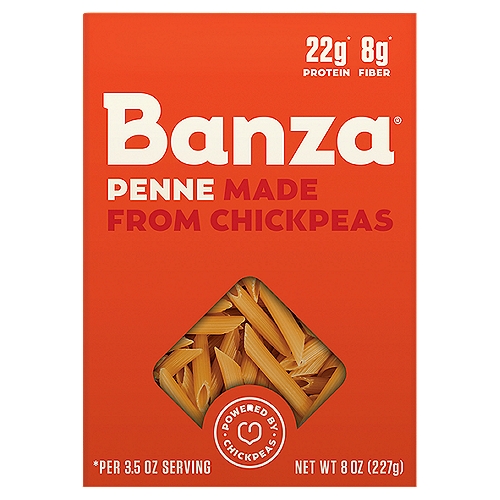 Banza Penne Pasta, 8 oz
Chickpeas make delicious pasta.
That's why we used them to create Banza. Now it's your turn. So bake your ziti, mac your cheese, and pesto the rest-o, because your favorite family meal is back on the menu!

Banza® vs Average Pasta
Banza®: 22g Protein; Average Pasta: 13g Protein
Banza®: 8g Fiber; Average Pasta: 3g Fiber
Banza®: 48g Net Carbs*; Average Pasta: 71g Net Carbs*
Per 3.5Oz Serving
*Net Carbs = Total Carbs - Dietary Fiber
