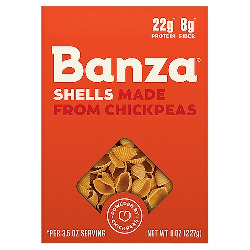 Banza Shells Made from Chickpeas Pasta, 8 oz
22g* Protein
8g* Fiber
*Per 3.5 Oz Serving

Chickpeas make delicious pasta.
That's why we used them to create Banza. Now it's your turn. So bake your ziti, mac your cheese, and pesto the rest-o, because your favorite family meal is back on the menu!

Banza® Vs Average Pasta
Banza®: 22g Protein; Average Pasta: 13g Protein
Banza®: 8g Fiber; Average Pasta: 3g Fiber
Banza®: 48g Net Carbs*; Average Pasta: 71g Net Carbs*
Per 3.5Oz Serving
*Net Carbs = Total Carbs - Dietary Fiber
