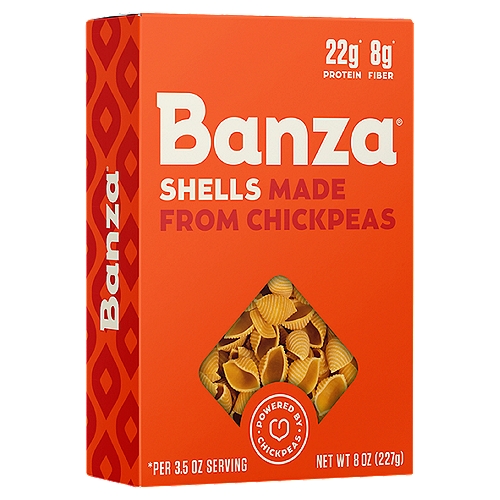 Banza Shells Made from Chickpeas Pasta, 8 oz
22g* Protein
8g* Fiber
*Per 3.5 Oz Serving

Chickpeas make delicious pasta.
That's why we used them to create Banza. Now it's your turn. So bake your ziti, mac your cheese, and pesto the rest-o, because your favorite family meal is back on the menu!

Banza® Vs Average Pasta
Banza®: 22g Protein; Average Pasta: 13g Protein
Banza®: 8g Fiber; Average Pasta: 3g Fiber
Banza®: 48g Net Carbs*; Average Pasta: 71g Net Carbs*
Per 3.5Oz Serving
*Net Carbs = Total Carbs - Dietary Fiber