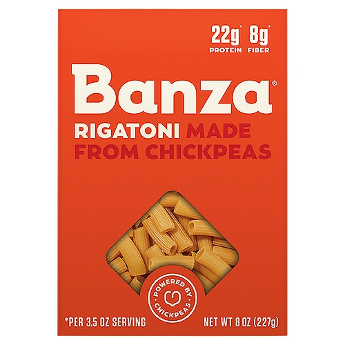 Banza Rigatoni Pasta, 8 oz
Chickpeas make delicious pasta.
That's why we used them to create Banza. Now it's your turn. So bake your ziti, mac your cheese, and pesto the rest-o, because your favorite family meal is back on the menu!

Banza® vs Average Pasta
Banza®: 22g Protein; Average Pasta: 13g Protein
Banza®: 8g Fiber; Average Pasta: 3g Fiber
Banza®: 48g Net Carbs*; Average Pasta: 71g Net Carbs*
Per 3.5Oz Serving
*Net Carbs = Total Carbs - Dietary Fiber