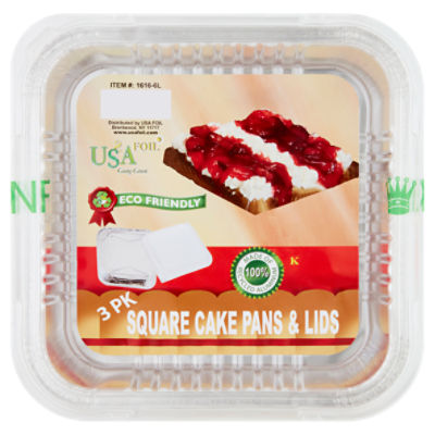 USA Foil Square Cake Pans & Lids, 3 count