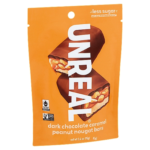 Unreal Dark Chocolate Caramel Peanut Nougat Bar, 3.4 oz
Less sugar
40% less than leading brand*

Less sugar* more good

We started Unreal so everyone can enjoy out of this world, all real chocolate snacks without all the sugar.
We make our bars with rich dark chocolate, perfectly roasted peanuts, delicious nougat and smooth caramel. They're non-gmo and lightly sweetened without corn syrup or sugar alcohols. We just use less sugar.*
For real. And the taste is Unreal!
Kris & Nicky
*40% less sugar than leading brand on equal weight basis.