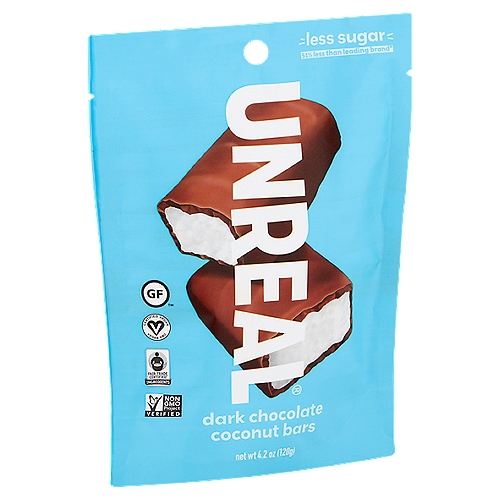 Unreal Dark Chocolate Coconut Bars, 4.2 oz
Less sugar
51% less than leading brand*

Less sugar* more simple

We started Unreal so everyone can enjoy out of this world, all natural chocolate snacks without all the sugar. Our coconut bars are made using only coconut, cassava syrup and dark chocolate. They're non-gmo, gluten free and sweetened without corn syrup or sugar alcohols. We just use less sugar*:
For real. And the taste is Unreal!
Kris & Nicky
*51% less sugar than the leading brand on equal weight basis