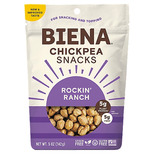 Biena Rockin' Ranch Chickpea Snacks, 5 oz
5g Plant Protein*
5g Fiber*
*Per Serving

Hi there! this is Poorvi, the founder of Biena and mom of two. At Biena - our mission is to make snacks that keep you healthy and happy. Our Rockin' Ranch Chickpea Snacks have the cool, creamy flavor of ranch chips without any of the dairy or artificial ingredients. With plant-based protein and fiber, they also pack a nutritional punch. Enjoy!
Poorvi Patodia
Founder & CEO, Biena

Snacks Made Better
Per serving - Biena: 50 chickpeas; Ranch Chips*: 12 chips
Protein - Biena: 5g; Ranch Chips*: 2g
Fiber - Biena: 5g; Ranch Chips*: 1g
* Leading ranch tortilla chips, per 1oz serving
