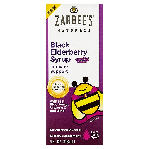 Zarbee's Naturals Children's Black Elderberry Syrup Dietary Supplement, 4 fl oz
Children's Black Elderberry Syrup Dietary Supplement, For Children 2 Years+

Recommended Uses:
Highly concentrated elderberry for immune support*
• Supports immune system*

Safe & Effective
• Scientifically tested and clinically supported ingredients
• Immune support from real elderberry, vitamin C and zinc*
• Elderberry contains flavonoids which act as antioxidants to provide immune support and maintain healthy cells*

Our Children's Black Elderberry Syrup is specially formulated to support your little one's immune system.*
*These statements have not been evaluated by the Food and Drug Administration. This product is not intended to diagnose, treat, cure, or prevent any disease.