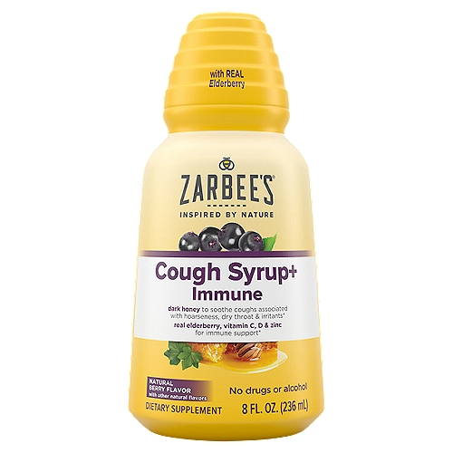 Zarbee's Naturals Complete Cough Syrup+ Immune Natural Berry Flavor Dietary Supplement, 8 fl oz
With dark honey & elderberry. Soothes coughs associated with hoarseness, dry throat and irritants*

With real elderberry, vitamin C, D and zinc for additional immune support*

Safe & Effective
• Our complete formula contains our proprietary dark honey blend and real elderberry*
• Soothes coughs associated with hoarseness, dry throat and irritants*
• With real elderberry, vitamin C, D and zinc for additional immune support*
*These Statements Have Not Been Evaluated by the Food and Drug Administration. This Product is Not Intended to Diagnose, Treat, Cure, or Prevent Any Disease.