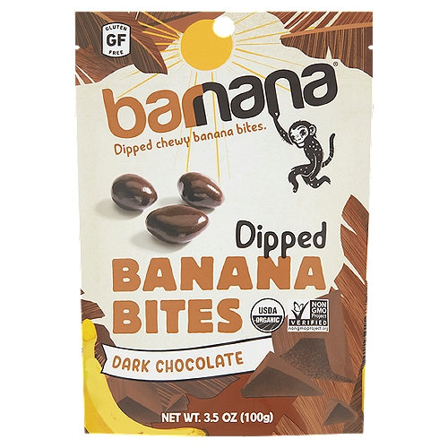 Barnana Dark Chocolate Dipped Banana Bites, 3.5 oz
Dark on chocolate. Light on nothing.
Chewy yum yum bananas coated with the darkest of chocolate. It's everything you want, and nothing you don't. It's just bananas. Just chocolate. Just amazing.

A Handful of Bananas Coated in Awesome.