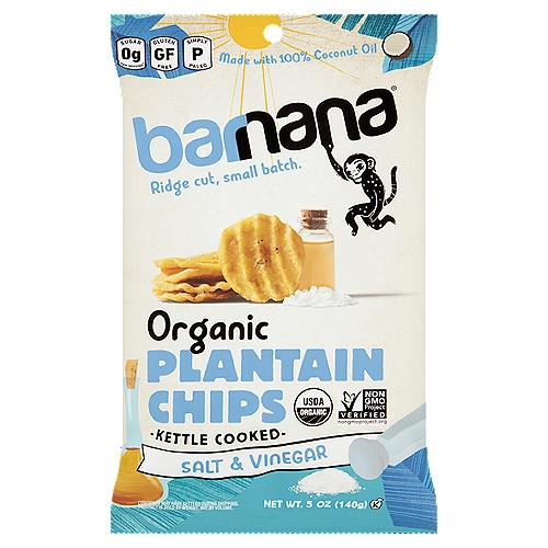 Barnana Organic Kettle Cooked Salt & Vinegar Plantain Chips, 5 oz
0g Sugar per Serving*
*Not a low calorie food.

Salty. Tart. Kettle cooked. Best thing ever.
Bring on the zing! Throw a party for your buds - your taste-buds - with these crispy, crunchy, kettle-cooked plantain chips! Golden ridges. Salty peaks. The tang of vinegar. This is what ''mouth-watering flavor'' is all about. Pucker up!

What is It About Plantain Chips?
Don't ask questions, just eat them. One bite and you'll see they're everything you love about regular chips but better, crunchier and tastier.
