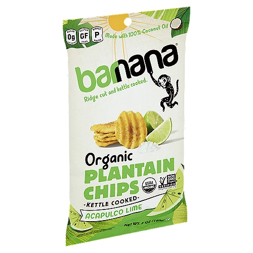 Barnana Organic Kettle Cooked Acapulco Lime Plantain Chips, 5 oz
0g Sugar per Serving*
*Not a low calorie food

A salty pinch of tangy lime? How sublime!
Time for a tango of lime and salt dusted atop crispy crunchy plantain chips. What a show stopper! Dance them around, dip them in salsa, twirl them in guac. Whatever way you do it, this performance is a 10 in flavor!

Don't ask questions, just eat them. One bite and you'll see they're everything you love about regular chips but better, crunchier and tastier.