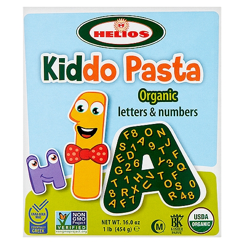 Helios Kiddo Pasta Organic Letters & Numbers Pasta, 16.0 oz
Helios' Kiddo Pasta is specially crafted for kids ages 2 to 8, yet fun and delicious for the whole family!

The unique and recognizable pasta shapes not only stimulate kids' imaginations, but lead to a yummy learning experience! Every amazing shape in our Kiddo Pasta line brings an exciting new world to life for kids to explore and enjoy.

Our Kiddo Pasta is perfect in salads, soups, and even delicious plain! Made from 100% organic durum wheat semolina, it's a great source of energy and nutrients to meet the nutritional needs of growing kids as part of a healthy, balanced diet.