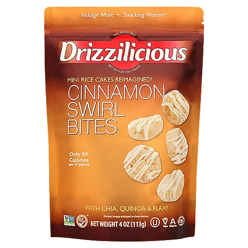 Drizzilicious Cinnamon Swirl Bites Rice Cakes, 4 oz
Drizzilicious® Cinnamon Swirl Bites are mini rice cakes reimagined!
Drizzled with indulgent white chocolaty flavored deliciousness, Drizzilicious is a crunchy better-for-you snack made with whole grains, quinoa, chia and flax. Each bite is packed with wholesome goodness and popped to perfection. The ideal combination of great taste, nature's super foods and drizzled decadence.
At just 90 calories per 21 pieces, Drizzilicious is a smart little snack you can feel great about.
Indulge guiltlessly!