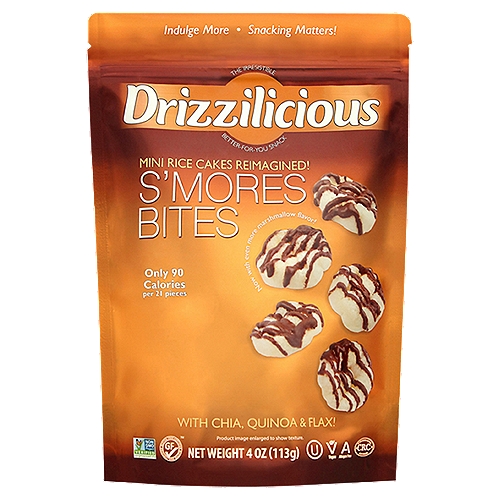 Drizzilicious S'mores Bites, 4 oz
Drizzilicious® S'mores Bites are mini rice cakes reimagined!
Drizzled with indulgent chocolaty flavored deliciousness, Drizzilicious is a crunchy better-for-you snack made with whole grains, quinoa, chia and flax. Each bite is packed with wholesome goodness and popped to perfection. The ideal combination of great taste, nature's super foods and drizzled decadence.
At just 90 calories per 21 pieces, Drizzilicious is a smart little snack you can feel great about.
Indulge guiltlessly!