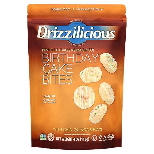 Drizzilicious Birthday Cake Bites, 4 oz
Drizzilicious® Birthday Cake Bites are mini rice cakes reimagined!

Drizzled with indulgent white chocolaty flavored deliciousness, Drizzilicious is a crunchy better-for-you snack made with whole grains, quinoa, chia and flax. Each bite is packed with wholesome goodness and popped to perfection. The ideal combination of great taste, nature's super foods and drizzled decadence.
At just 90 calories per 21 pieces, Drizzilicious is a smart little snack you can feel great about.
Indulge guiltlessly!