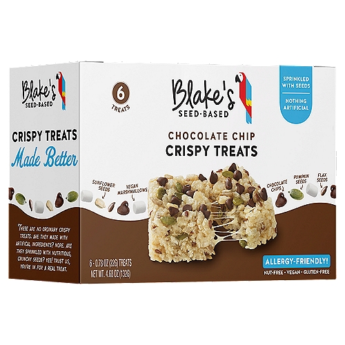 Blake's Seed Based Chocolate Chip Crispy Treats, 0.78 oz, 6 count
These are No Ordinary Crispy Treats. Are they Made with Artificial Ingredients? Nope. Are they Sprinkled with Nutritious, Crunchy Seeds? Yes! Trust Us, You're in for a Real Treat.

These Treats are Perfect for:
• barefoot waterskiing
• couch surfing
• saunas & cold tubs
• hiking mountains
& anything else that lets you #seedyourpassion