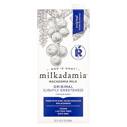 Milkadamia Original Lightly Sweetened Macadamia Milk, 32 fl oz
We're for trees
Those vivid canopies of living-green that breathe out the sky. Macadamias thrive along our avenues of leafy colonnades where nature's more deliberate rhythms hold sway.