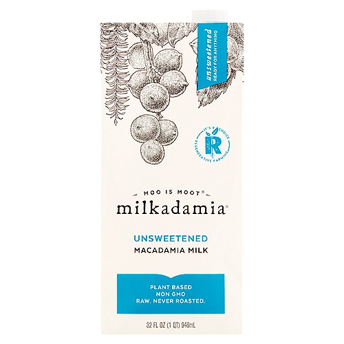 Milkadamia Unsweetened Macadamia Milk, 32 fl oz
We're for trees
Drink in the raw vibrancy of life.
Plants do a body better.
Our macadamia trees are watered by seasonal rains and pollinated by tiny wild native bees, simple in means, but rich in ends.

Transcend the herd