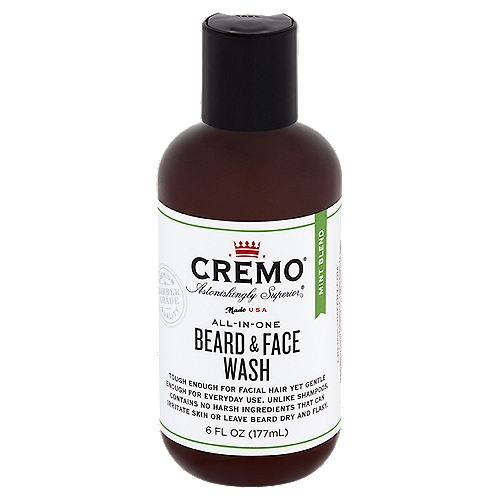 Cremo Astonishingly Superior Mint Blend All-in-One Beard & Face Wash, 6 fl oz
Tough Enough for Facial Hair yet Gentle Enough for Everyday Use. Unlike Shampoos, Contains No Harsh Ingredients that Can Irritate Skin or Leave Beard Dry and Flaky.

Tough Enough for Facial Hair, Gentle on Skin
Facial hair over a couple of weeks old starts to collect dead skin cells that normally fall off skin. As beards get longer, beard hair traps dirt and grime and needs to be regularly washed. Shampoos aren't designed for facial hair and the underlying skin that's more sensitive than your scalp. Most shampoos contain harsh ingredients that lead to a dry and flaky beard. Cremo All-in-One Beard & Face Wash cleans all beard types and the underlying skin. Unlike most shampoos, there are no harsh irritants that strip away moisture from your facial hair and skin. It's lightly scented with natural essential oils for a supremely fresh and clean feel.