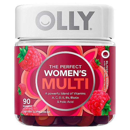 Olly The Perfect Women's Multi Blissful Berry Dietary Supplement, 90 count
A powerful blend of vitamins A, C, D, E, Bs, biotin & folic acid

Say hello to your body's new BFF. A powerful blend of essential nutrients to support daily health and help fill the gaps when your eating habits are a little less than perfect.*
All of that plus biotin for your hair, skin and nails and a boost of vitamin D for those fabulous bones.*
*These Statements Have Not Been Evaluated by The Food and Drug Administration. This Product is Not Intended to Diagnose, Treat, Cure or Prevent Any Disease.

The Goods Inside
Vit D, Vit E, Vit B6, Vit B12, Folic Acid, Biotin

Naturally Tasty
A blissful blend of juicy berries.