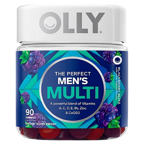 Olly The Perfect Men's Multi Blackberry Blitz Dietary Supplement, 90 count
A powerful blend of vitamins A, C, D, E, Bs, zinc & coQ10

Say hello to daily health with this powerful blend of essential nutrients. Uniquely built to amp up your overall wellness and help fill the gaps when your eating habits are a little less than perfect.* All of that, plus a boost of B vitamins to support a steady flow of energy and your most important muscle... we're talking about your heart, of course.*
*These Statements Have Not Been Evaluated by The Food and Drug Administration. This Product is Not Intended to Diagnose, Treat, Cure or Prevent Any Disease.

The Goods Inside
Vit B6, Vit B12, Vit D, Vit C, Vit A, Vit E

Naturally Tasty
A bold blend of blackberry and juicy pomegranate.