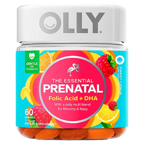Olly The Essential Prenatal Folic Acid + DHA Sweet Citrus Dietary Supplement, 60 count
Gentle on Stomach*‡
‡No iron added. Iron can promote (or cause) stomach upset.

The Perfect Little Bundle
Say hello to your body's (and your baby's) new BFF. Whether it's before, during or after your pregnancy, this nurturing blend of essential nutrients will help keep your healthy and energized.* It also delivers the good stuff to your precious cargo. Oh, baby.

The Goods Inside
Folic Acid
More important now than ever... this B vitamin supports the growth & development of your little peanut and all their buckling parts.*

DHA
Extracted from a purified marine source. This essential fatty acid supports healthy brain & eye develpoment for baby.*
*These Statements Have Not Been Evaluated by The Food and Drug Administration. This Product is Not Intended to Diagnose, Treat, Cure or Prevent Any Disease.

Naturally Tasty
A belly-friendly blend of raspberries and sweet citrus fruits.

This product contains fish oil that meets or exceeds leading government and industry quality and purity standards.