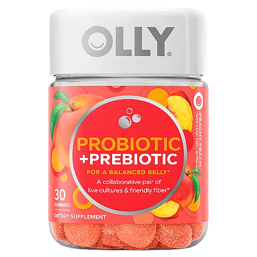 Olly Probiotic + Prebiotic Peachy Peach Dietary Supplements, 30 count
For a Balanced Belly*
A collaborative pair of live cultures & friendly fiber*

Naturally Tasty
Peachy keen, juicy peach.

The Goods Inside
Probiotics - Keep things running smoothly with a boost of these good guys. They work with your body's natural bacteria to support healthy digestion and help keep your immune system in tip top shape.*
Prebiotic Fiber - Probiotic's perfect partner. This feastable fiber nourishes good bacteria so it can thrive and work more efficiently in your body.*

*These Statements Have Not Been Evaluated by the Food and Drug Administration. This Product is Not Intended to Diagnose, Treat, Cure or Prevent Any Disease.