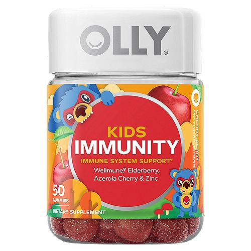 Olly Kids Immunity Cherry Berry Dietary Supplement, 50 count
Immune System Support*

The Good Inside
Wellmune® - These beta glucans help promote built-in immune support mechanisms.*
Elderberry - Respect your elders - this super food has been used for centuries to support the immune system.
Acerola Cherry - One of nature's richest sources of Vitamin C.
Zinc - An essential mineral that helps keep immune cells functioning in tip-top shape*
*These Statements Have Not Been Evaluated by The Food and Drug Administration. This Product is Not Intended to Diagnose, Treat, Cure or Prevent Any Disease.