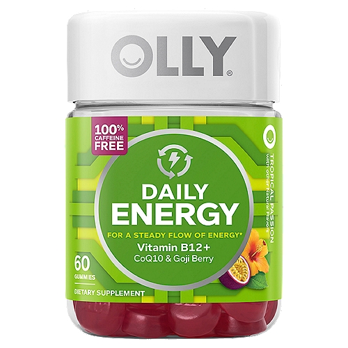Olly Tropical Passion Daily Energy Dietary Supplement, 60 count
For a Steady Flow of Energy*

Naturally Tasty
A tropical blend with passion fruit.

The Goods Inside
B12 - The bee's knees. This active vitamin is essential for the production of cellular energy - the fuel your body needs to burn without burnout.*
CoQ10 - A key component that helps support your mitochondria, the energy producing structures that keep your cells powered up.*
Goji Berry - A super food used for centuries to help maintain a steady flow of energy.* Go goji, go.
* These Statements Have Not Been Evaluated by the Food and Drug Administration. This Product is Not Intended to Diagnose, Treat, Cure or Prevent Any Disease.
