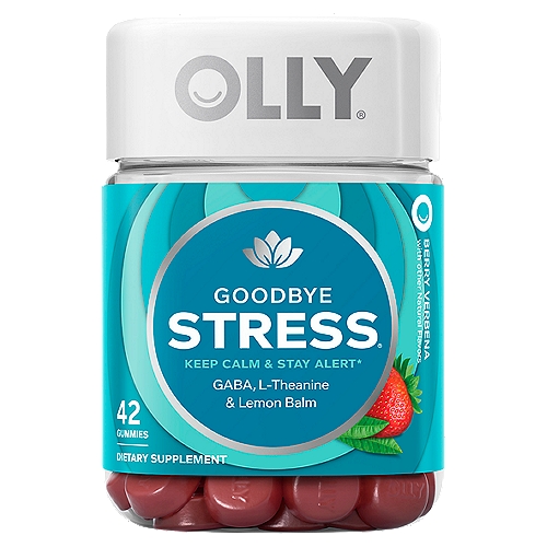 Olly Berry Verbena Goodbye Stress Dietary Supplement, 42 count
Keep Calm & Stay Alert*

Naturally Tasty
A zen blend of strawberry and lemon verbena.

The Goods Inside
GABA - This fast working (within 30-60 minutes!) active supports a relaxed state of mind to help combat the acute effects of stress.* Go GABA!!
L-Theanine - GABA's partner in sublime - this amino acid goes right to work in your brain to help you keep your cool.*
Lemon Balm - A soothing botanical that has been used for centuries to help quiet the mind.*
* These Statements Have Not Been Evaluated by the Food and Drug Administration. This Product is Not Intended to Diagnose, Treat, Cure or Prevent Any Disease.