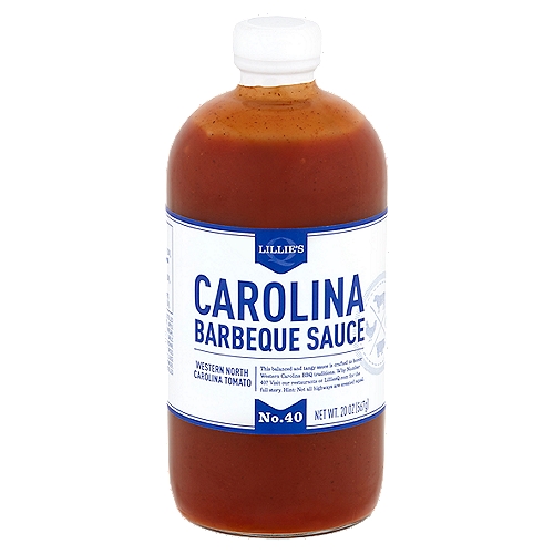 LILLIE'S Q No. 40 Western North Carolina Tomato Carolina Barbeque Sauce, 20 oz
This balanced and tangy sauce is crafted to honor Western Carolina BBQ traditions.

Use On:
We love it on pulled pork, brisket and smoked chicken, but it's great on basically everything. (Trust us, we're professionals.)

Made with gluten free ingredients*
*made on equipment that also processes wheat