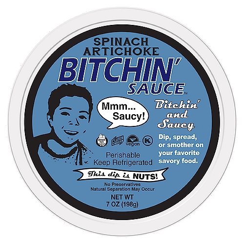 Bitchin' Sauce Spinach Artichoke Sauce, 7 oz
The Arti-Party. Appetizing mainstay for all your festive gatherings. Tasty and Irresistible.

But what exactly is Bitchin' Sauce? Only the most-Bitchin'-ly creamy & savory almond-based condiment you ever could DIP, SPREAD, or SMOTHER all over your favorite foods! 
· DIP it with chips & snacks like the salsa, guacamole, or party-time showstopper ya didn't know ya needed! The Belle of the Bitchin' Ball! 
· SPREAD it on your favorite lunchtime wrap, burger, or sandwich. It's like hummus, but with superpowers (and no chickpeas). 
· SMOTHER it like a nondairy ranch or sour cream over grilled proteins, rice bowls, or any weeknight meal in need of a Bitchin' Flavor Boost. Using pasta sauce for pasta salad? Switch it up and fall in Savory & Saucy love!