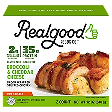Realgood Raw Bacon Wrapped Broccoli & Cheddar Cheese, Stuffed Chicken, 12 Ounce